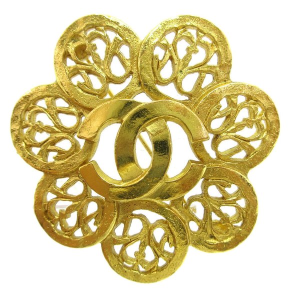 AUTH CHANEL CC Logos Flower Brooch Pin Gold-tone Corsage 95A Accessories - Picture 1 of 4